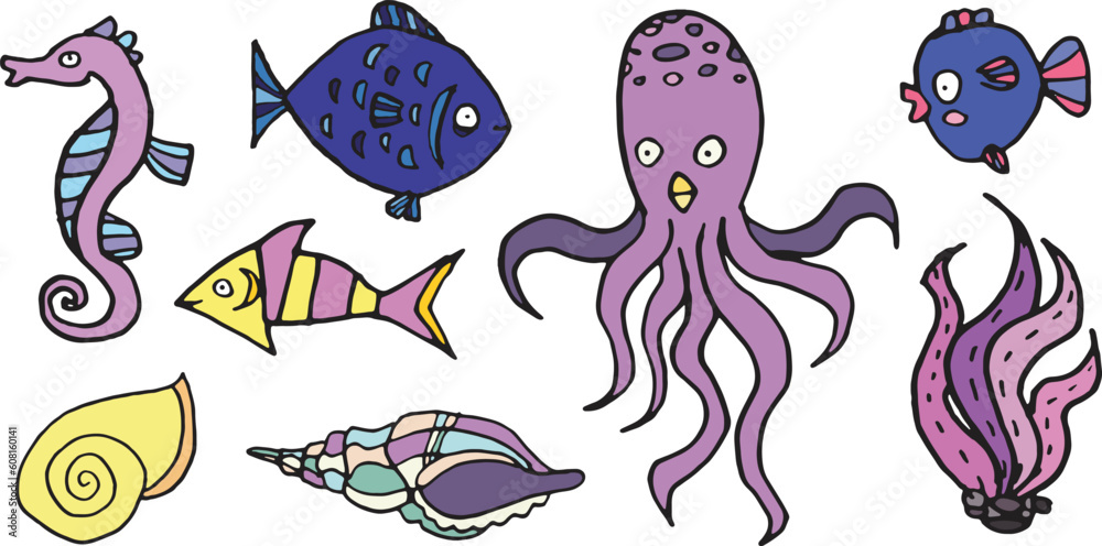 Obraz premium Sea fish creatures cartoon funny marine kids vector set