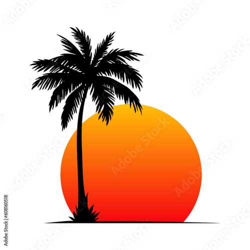 Vacaciones en la playa. Símbolo amanecer o atardecer. Silueta de la palma en la playa con sol