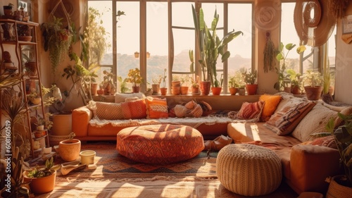 Bohemian living room in exotic destination. Generative AI 5 © MaVeRa