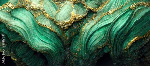 Abstract deep green jade with embedded gold rock specimen, cracked and fragmented shiny pearlescent texture and grooved wavy line eroded patterns - generative ai