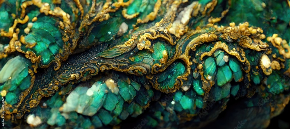 Fototapeta premium Abstract deep green jade with embedded gold rock specimen, cracked and fragmented shiny pearlescent texture and grooved wavy line eroded patterns - generative ai