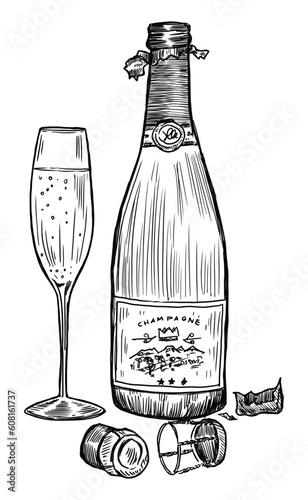 Hand drawn Champagne bottle opened and glass