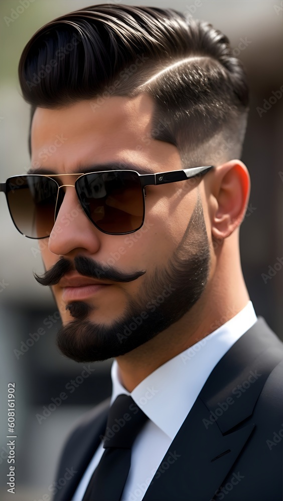 A latino man with low volumn Beard, low fade hairstyle with fringe, dark  suit and dark sunglasses, AI Generative Illustration Graphic Design Art  ilustração do Stock