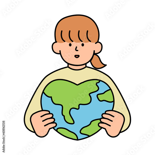 Woman Embracing the World with Love. Environment  Power and Saving Energy Concept. Cartoon Flat Vector illustration.