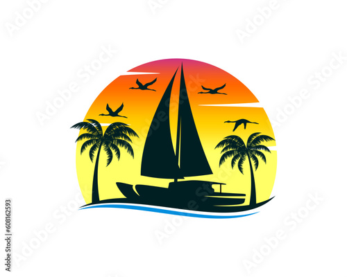 Sailing boat in sunset view logo