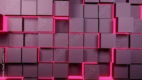 Metallic cubes wall background with pink neon lights