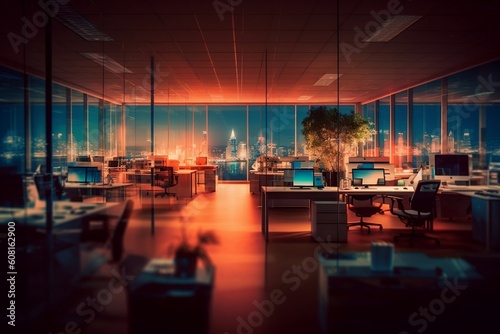 Blurred Evening Office Workspace, Generative Ai.