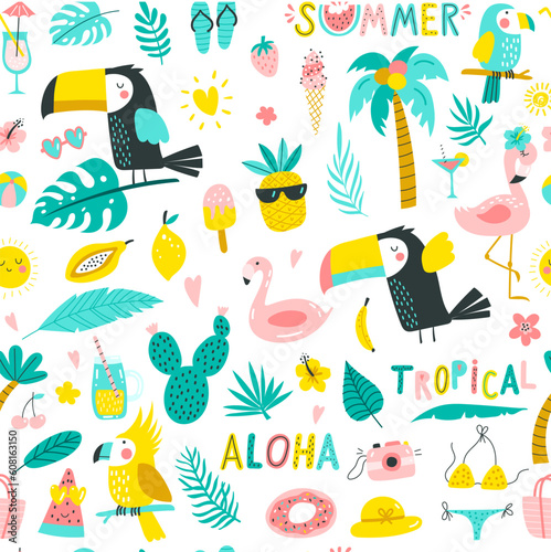 Summer seamless pattern with palm leaves, tropical flowers, flamingo, toucan. Vector illustrations