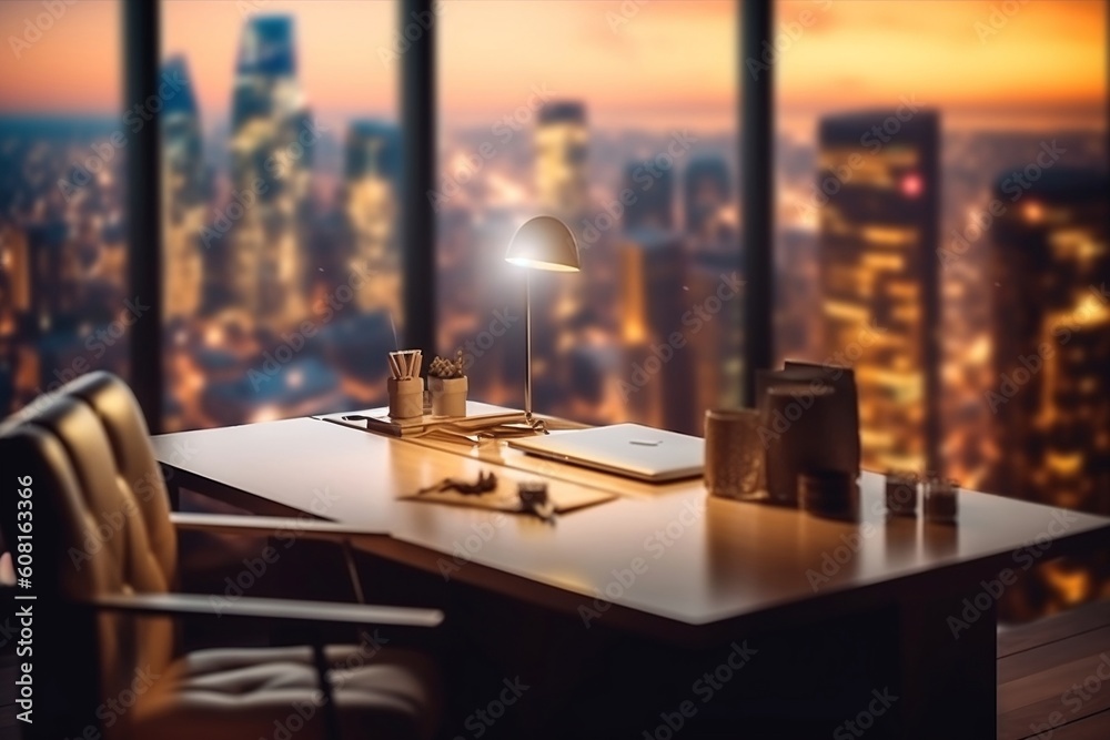 Evening Office Workspace with Cityscape Background, Generative Ai.