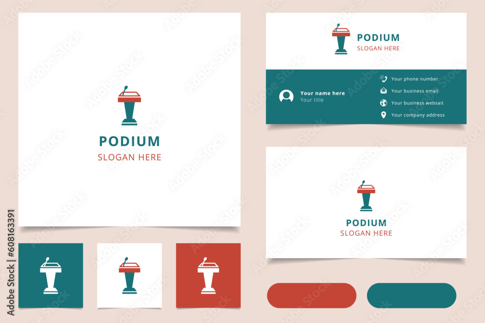 Podium logo design with editable slogan. Branding book and business card template.