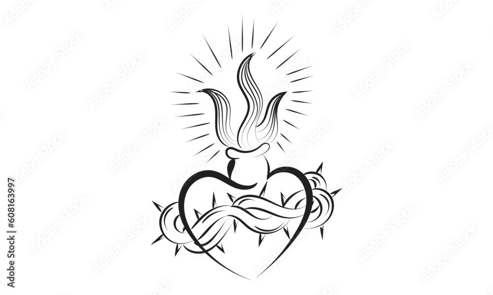 Sacred Heart Of Jesus With Rays Vector Illustration for print or use as poster, flyer, card, tattoo or T Shirt