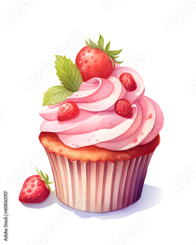 Watercolor Strawberry cupcake dessert sweet isolated