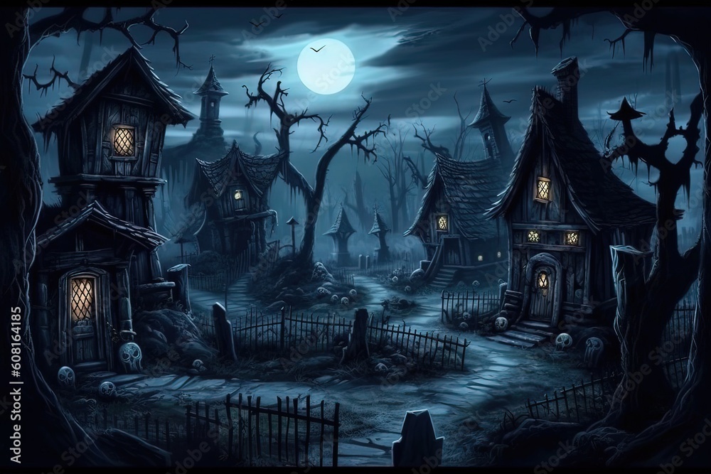 Halloween background with haunted house and moonlight, illustration for children