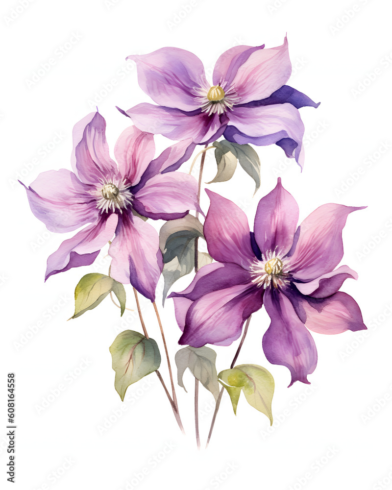 Watercolor Clematis flowers isolated on white background
