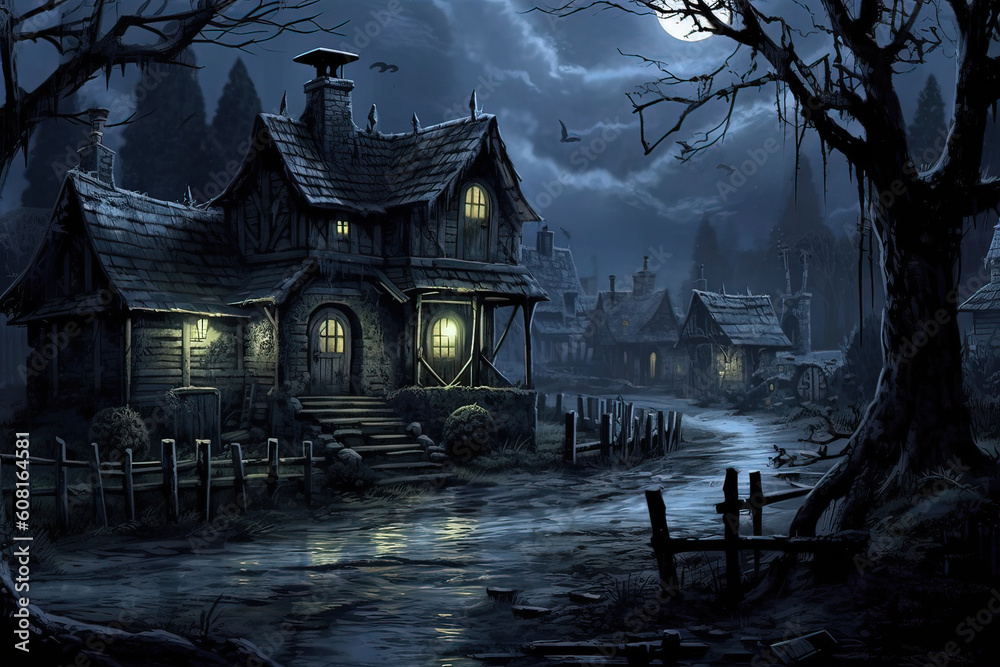 Fantasy landscape with old wooden house in the forest at night.