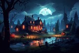 Halloween night landscape with haunted house and full moon, vector illustration