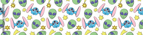 Seamless pattern with funny Aliens heads, stars in doodle flat style. Humanoids, visitors, Martians. Vector cute background, texture on theme of space, UFO, fantastic, kids design