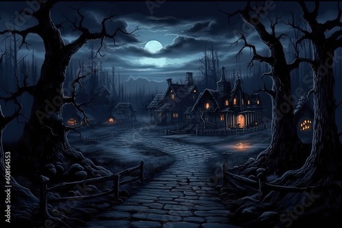 Halloween night background with haunted house, moon and dead trees.
