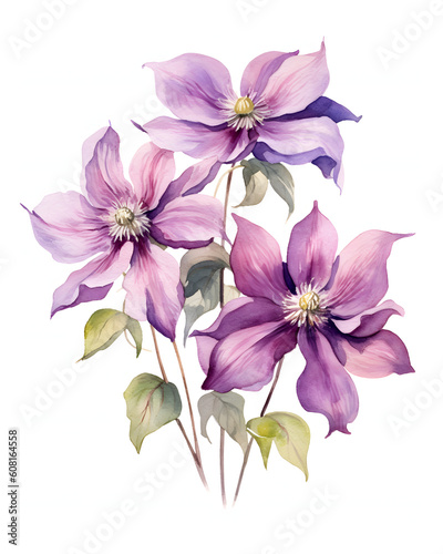 Watercolor Clematis flowers isolated on white background