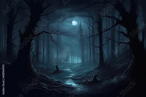 Mystical spooky forest at night with full moon. Halloween background