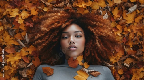 beautiful African American woman lying in autumn leaves. Generative Ai images