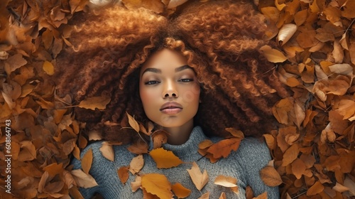 woman lying in autumn leaves. Generative Ai images