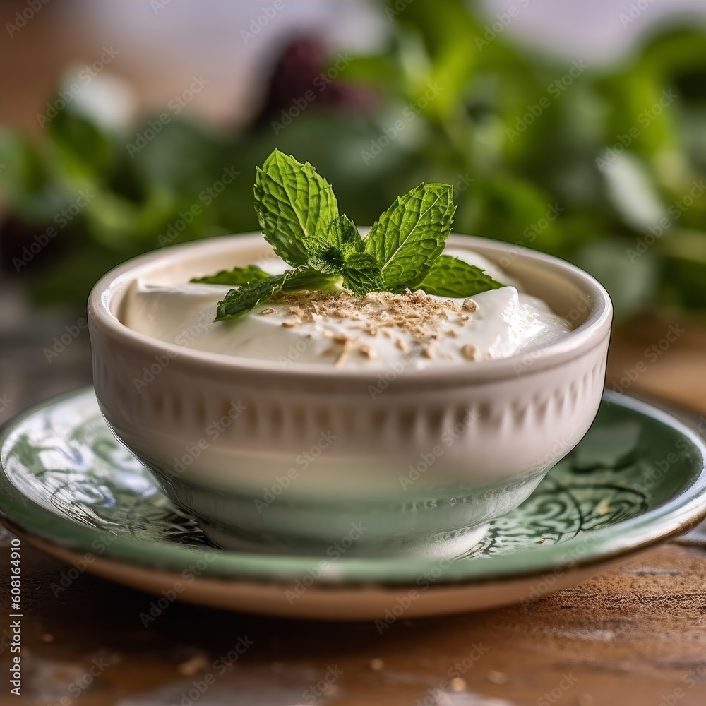 Greek yogurt served in a ceramic bowl with a sprig of mint as a garnish Greek yogurt served in a ceramic bowl with a sprig of mint as a garnish