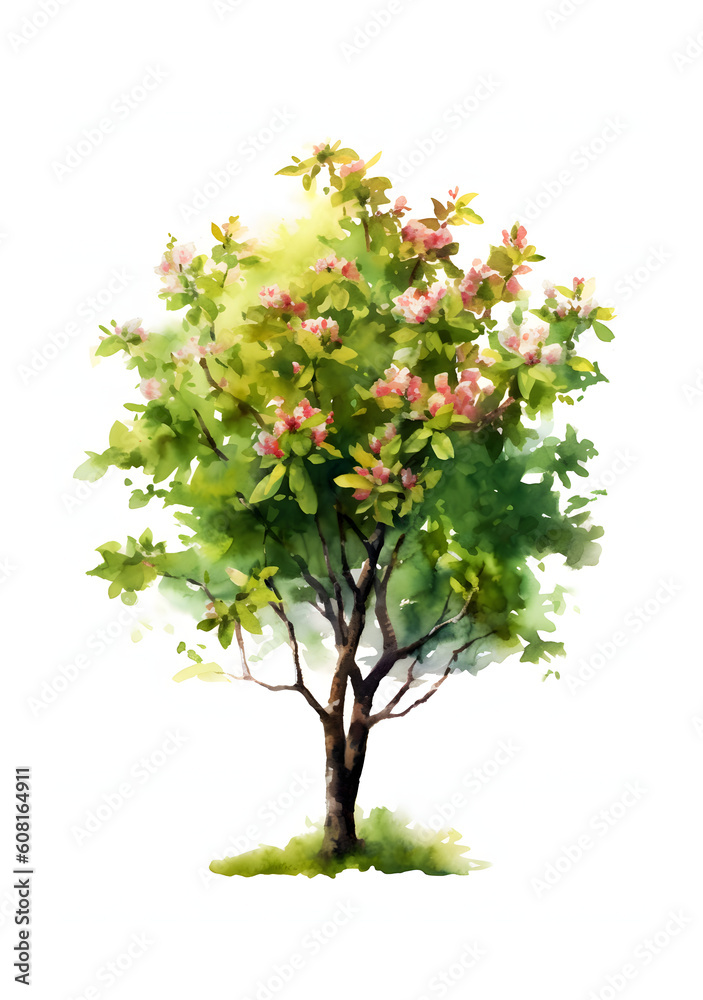 Watercolour Spring blooming tree isolated on white background
