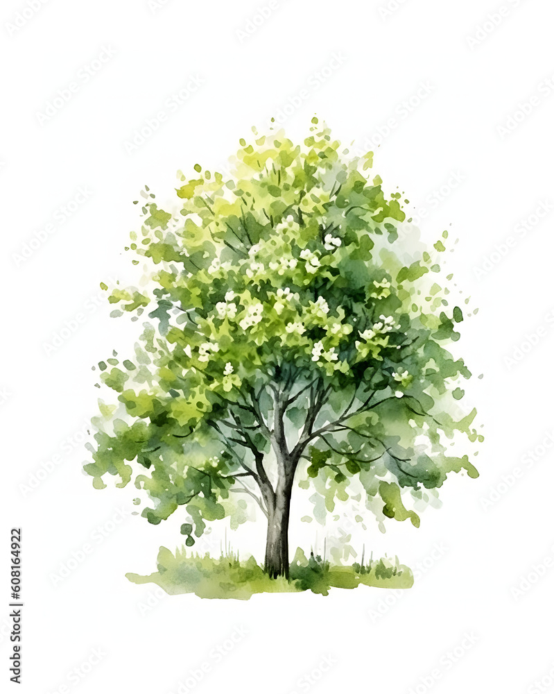 Watercolour Tree with Spring blooming isolated on white background