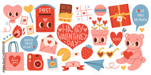 Cute set of romantic elements for Valentines day. Vector illustrations for valentines day, stickers, greeting cards