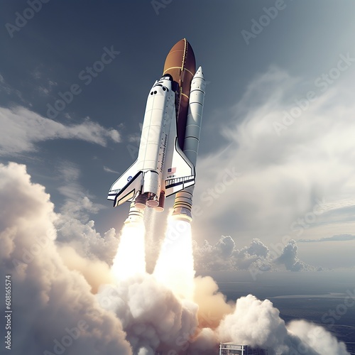 3D rocket in space. Shuttle launch 3D rocket in space and clouds. Business startup and business growth concept with place for text, banner template, ai generate