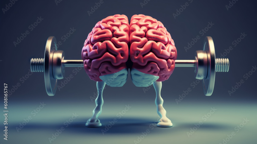 The concept of improving memory, concentration, performance. Human brain with barbell created with generative AI technology - obrazy, fototapety, plakaty 