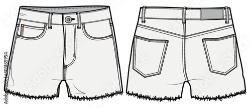 Denim Short with Raw Hem, Frayed Hem Denim Shorts Front and Back View. Fashion Illustration, Vector, CAD, Technical Drawing, Flat Drawing, Template, Mockup.	