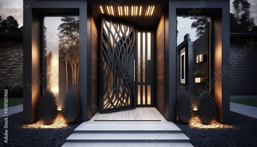 Modern luxury house front door with metal handle, big glass side panels and potted plant. Generative AI