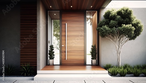 Modern luxury house front door with metal handle, big glass side panels and potted plant. Generative AI