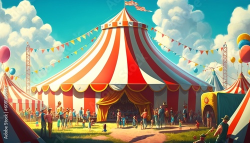 Huge colorful circus tent with waving flags on a sunny day with clouds. Generative AI