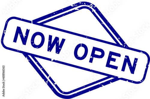Grunge blue now open word rubber seal stamp on white background