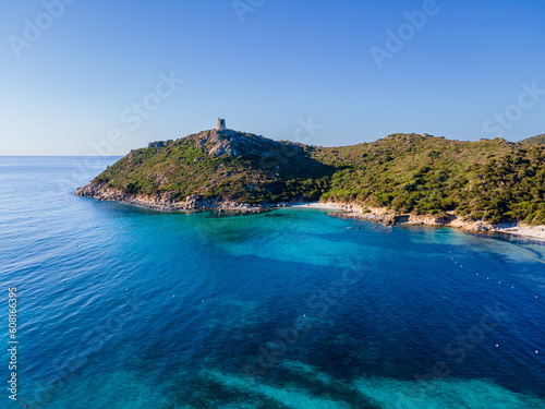 Aerial view of the beach of Notteri Villasimius, Sardinia, Italy