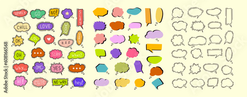 Set of colorful speech bubbles. Hand-drawn chatting clouds. Chatting. Vector illustration.