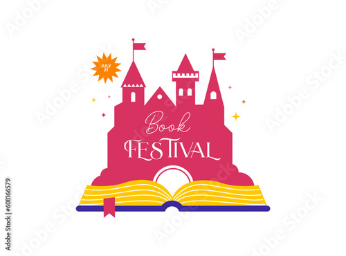 Book festival logo and background with open book and fairy tale castle