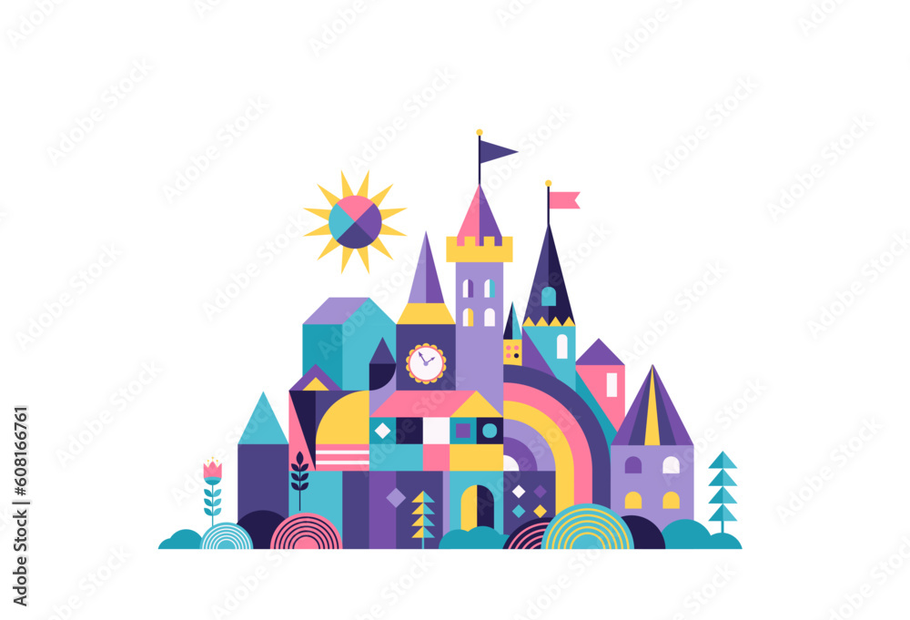Colorful fairy tale castle flat vector illustration.