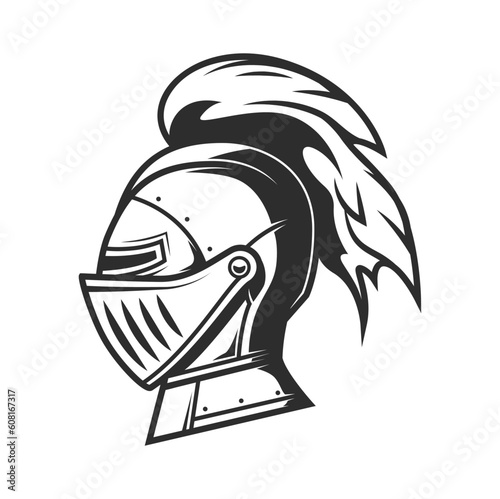 Knight warrior helmet with plume, heraldry armor of medieval army soldier. Vector ancient great helm or armet with visor isolated symbol. Knight, gladiator, spartan fighter or soldier helmet side view