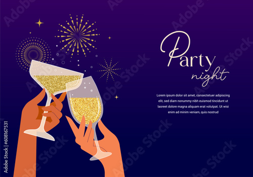 Cocktail party night template design. Hands holding cocktails, wine and Champaign glasses. Anniversary, birthday greeting card, concept design