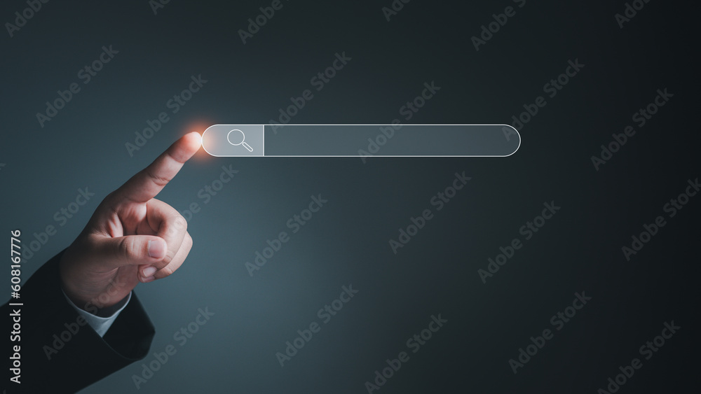 Search engine concept from network, information, job search. Businessman finger pointing to search tab. Search engine concept from network, information, job search. Businessman finger pointing to search tab.