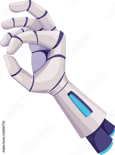 Robot hand showing ok good emoji gesture sign. Vector cyborg arm showing yes, future artificial technology cyborg droid mechanical prosthesis