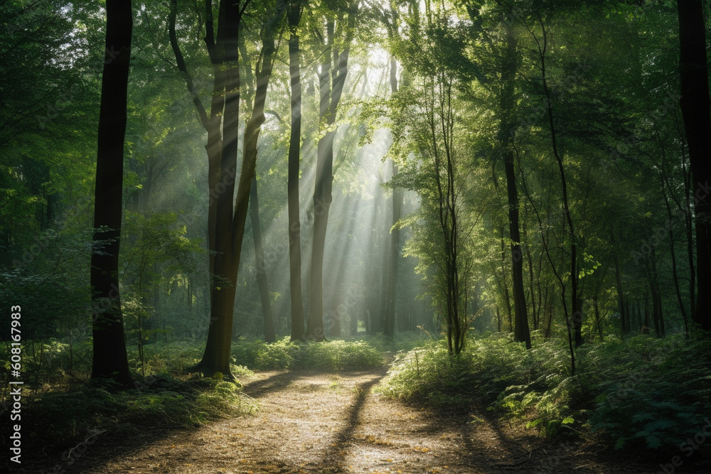 Fototapeta premium A serene forest with sunlight streaming through the trees, mental health Generative AI