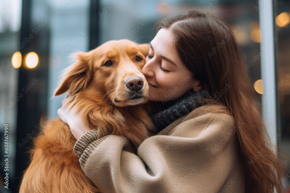 A person embracing a therapy dog for emotional support, mental health Generative AI