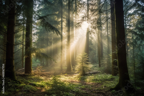 A serene forest with sunlight streaming through the trees, mental health Generative AI
