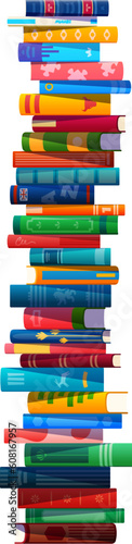 High book stack, isolated vector pile of cartoon textbooks with colorful covers and variety of sizes and colors. Well organized neatly arranged and balanced literature heap for education and reading