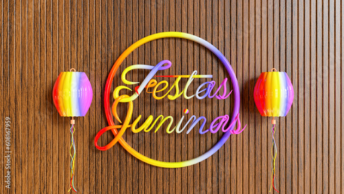 3d text festas juninas on wood backgroundwith lamp elements. 3d rendering